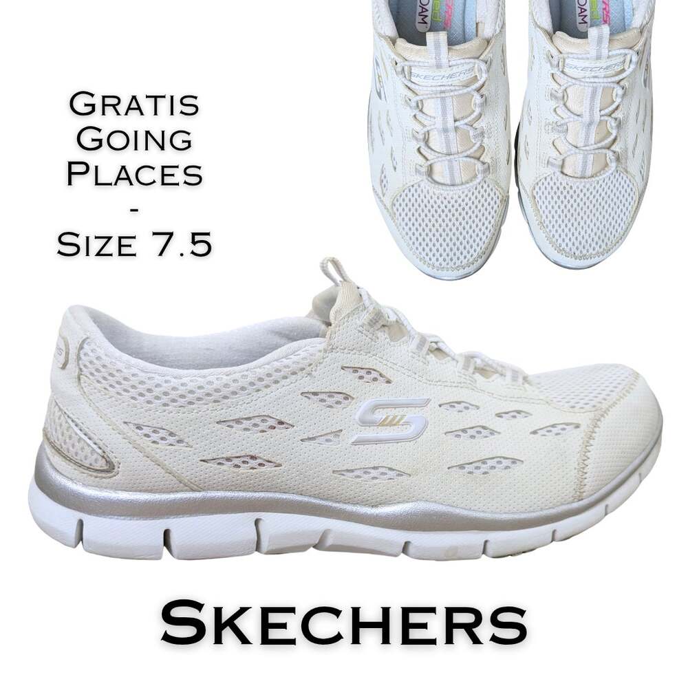 Skechers Gratis Going Places Sneakers Womens 7.5 White Silver Memory Foam Bungee